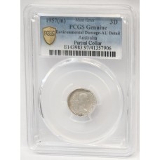 AUSTRALIA 1957 . THREEPENCE . ERROR . BOTTLE CAP, almost HUGE LIP